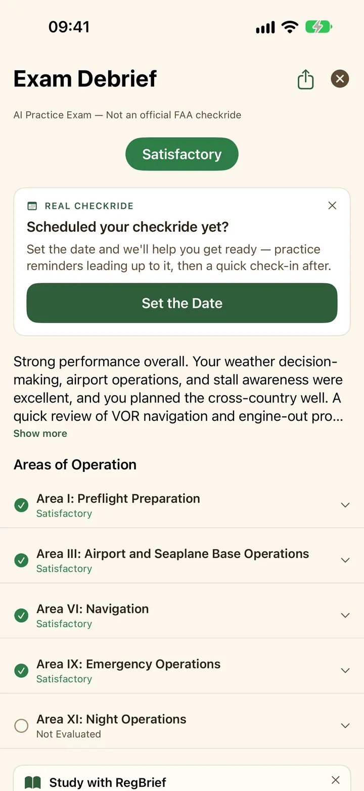 Checkride.bot debrief screen showing an overall result with each ACS area scored, an examiner summary, and FAA reference chips.