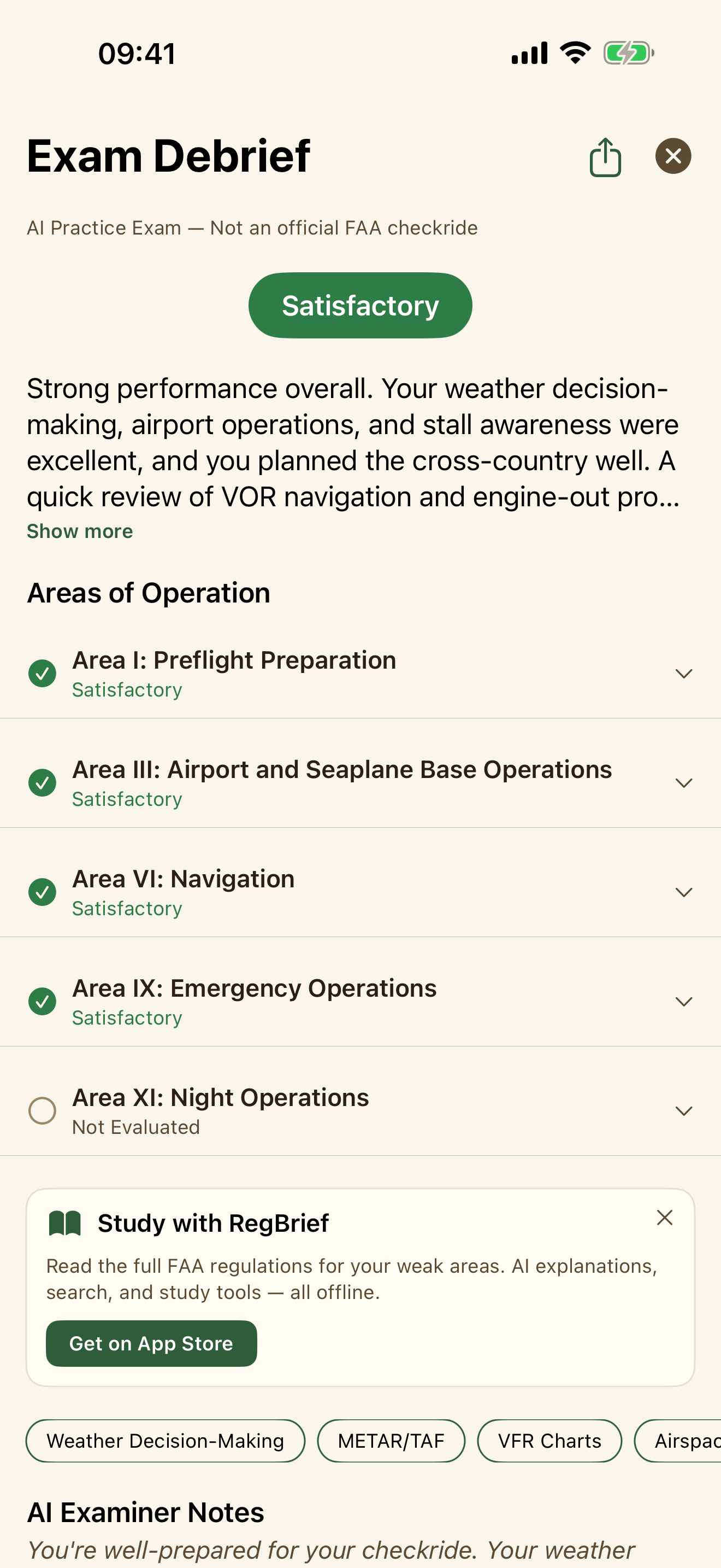 Checkride.bot debrief screen showing an overall result with each ACS area scored, an examiner summary, and FAA reference chips.