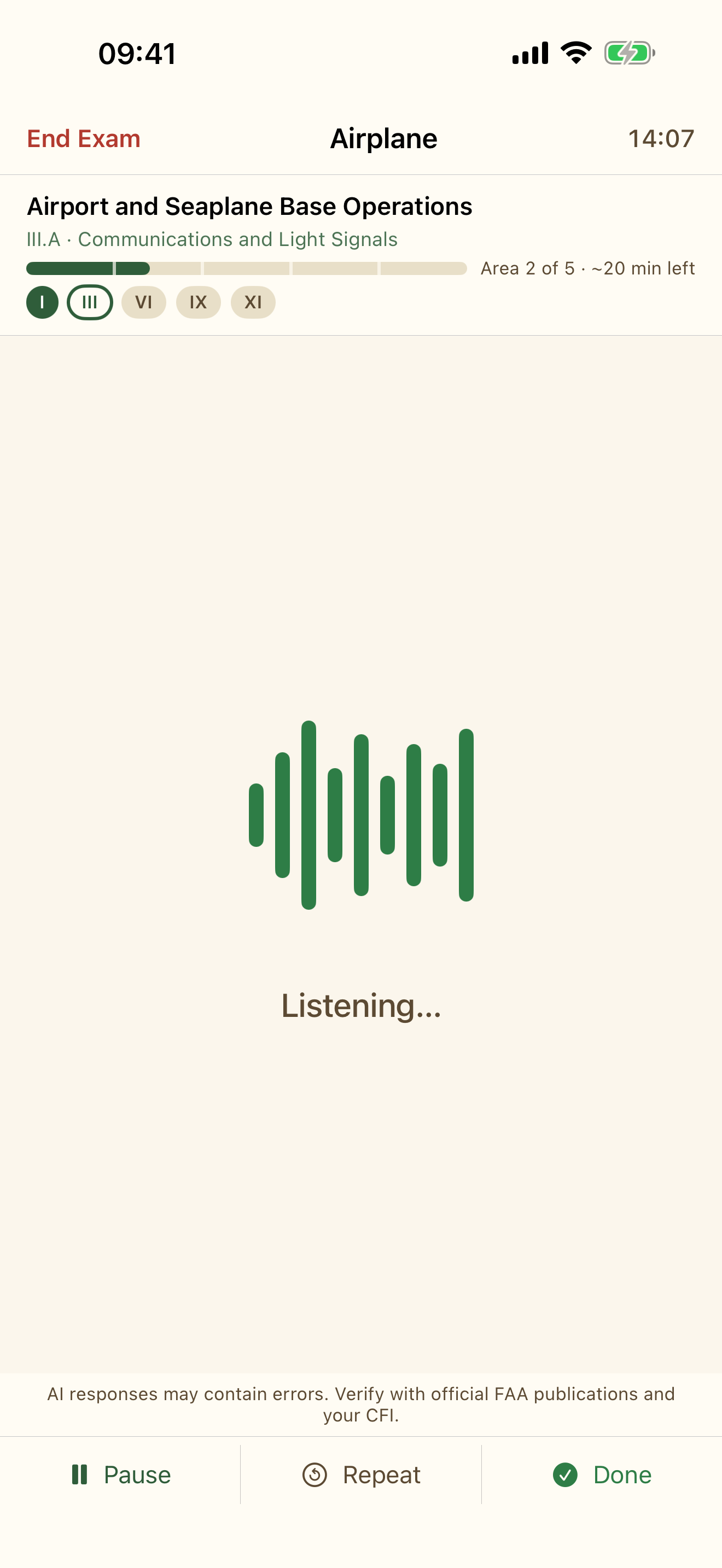Checkride.bot exam session in progress: a green audio waveform labeled Listening, with the current ACS area and task and a progress bar reading Area 2 of 5 at the top.