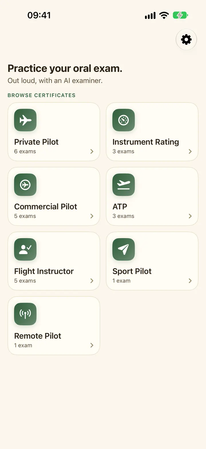 Checkride.bot home screen listing certificate levels to practice: Private Pilot, Instrument Rating, Commercial Pilot, ATP, Flight Instructor, Sport Pilot, and Remote Pilot.