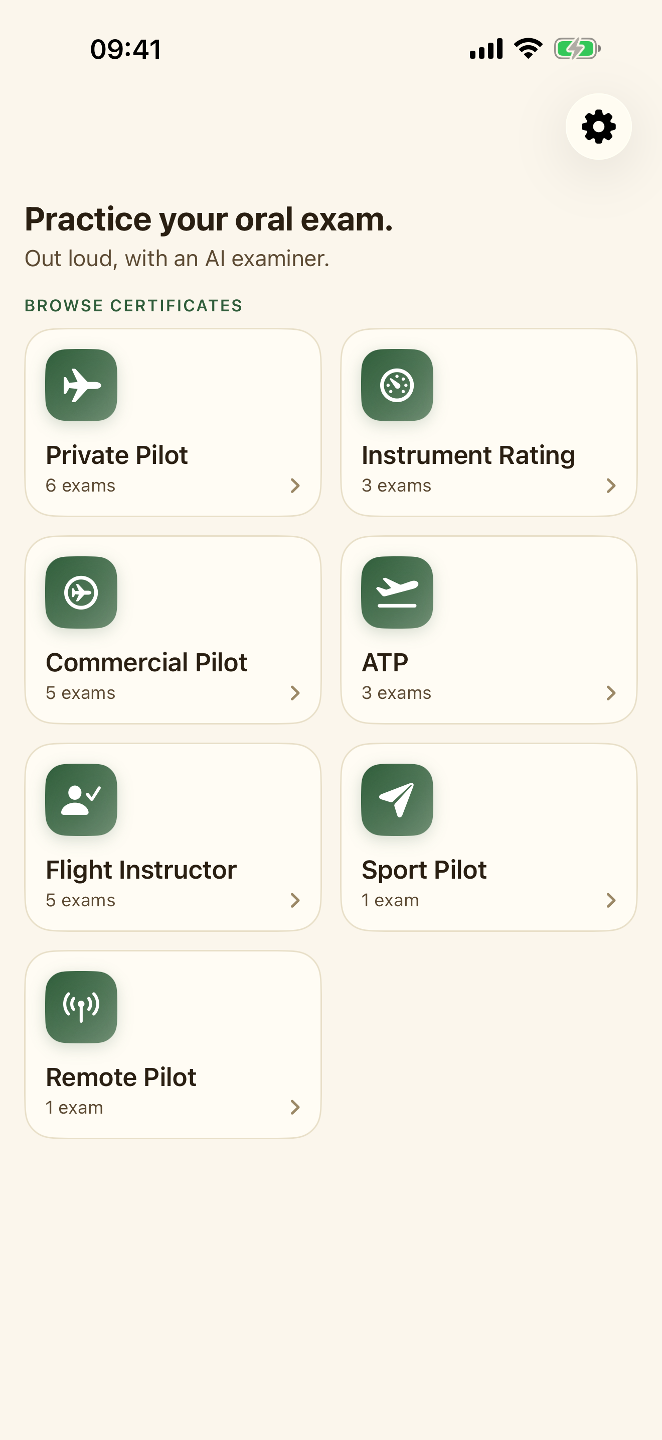Checkride.bot home screen listing certificate levels to practice: Private Pilot, Instrument Rating, Commercial Pilot, ATP, Flight Instructor, Sport Pilot, and Remote Pilot.